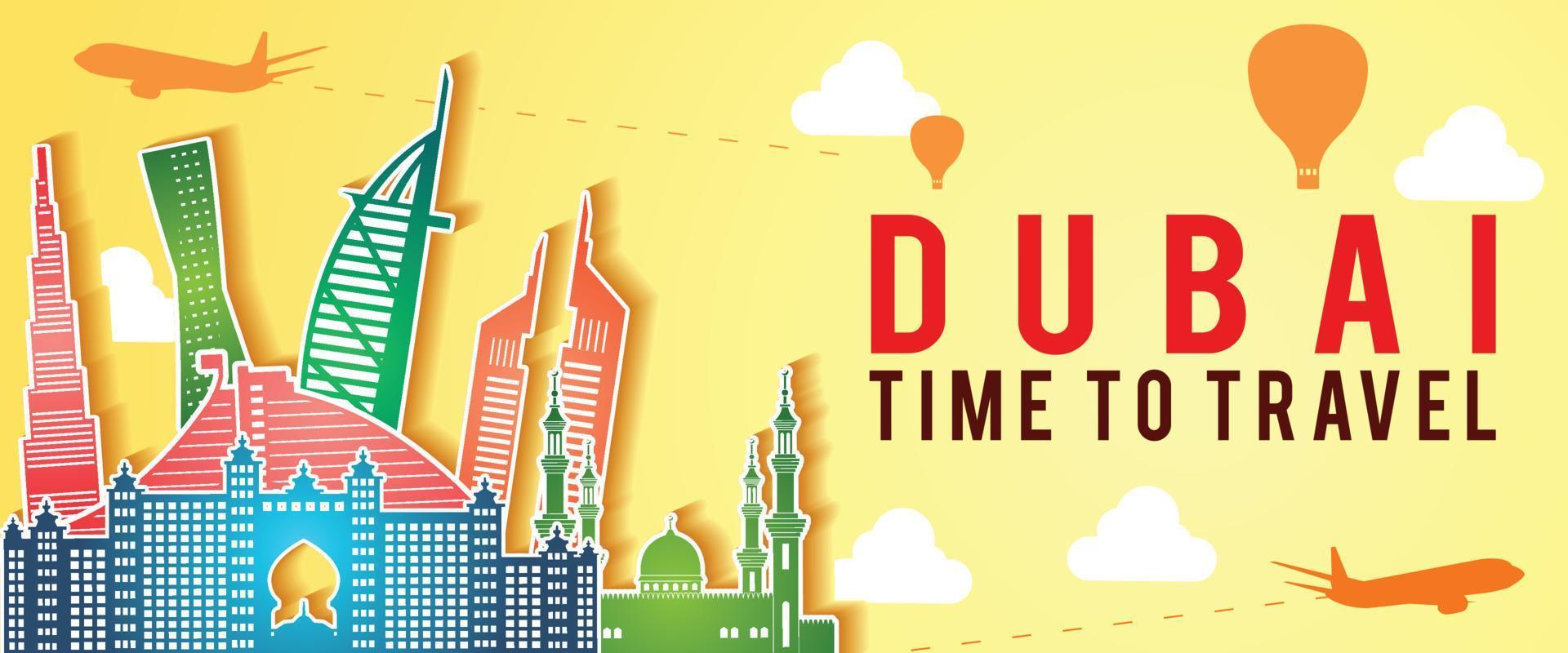 bandeira amarela da silhueta do famoso ponto de referência de Dubai, estilo colorido, avião e balão voando com nuvens vetor