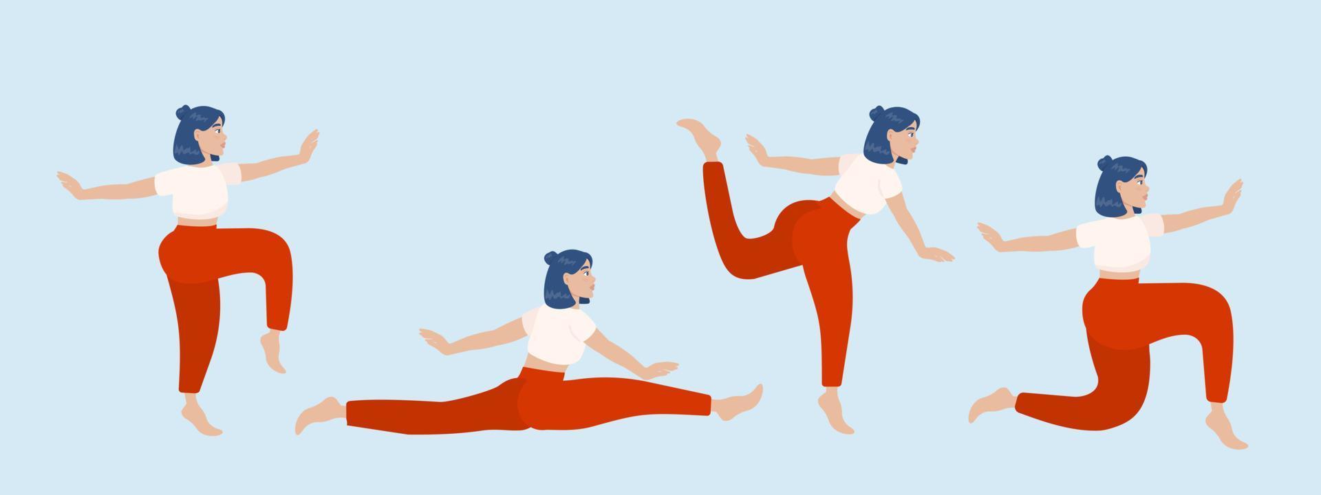 conjunto de silhuetas vetor de mulher fazendo exercícios de ioga. ícones coloridos de uma garota em muitas poses de ioga diferentes, isoladas no fundo rosa. complexo de ioga. treino de fitness.