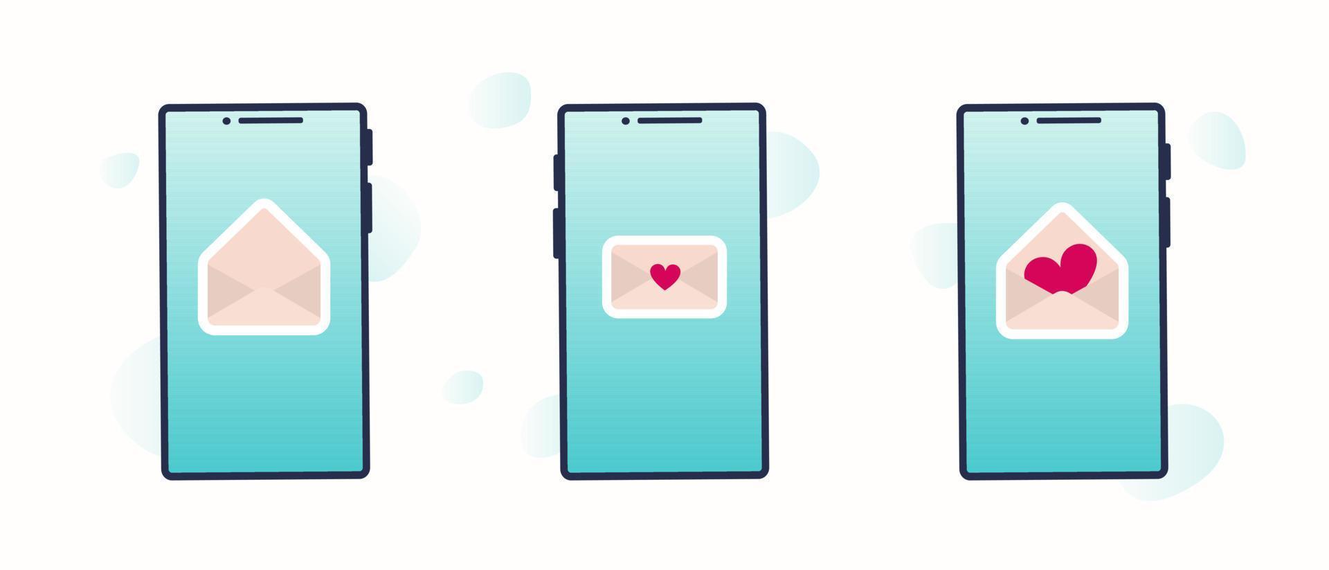 enviando o conceito de mensagem de amor. sites, banners, design de infográficos. conjunto de telefones celulares com mensagem, ícone de sinal de vetor de coração. conjunto de ilustrações vetoriais plana dos desenhos animados para o dia dos namorados.