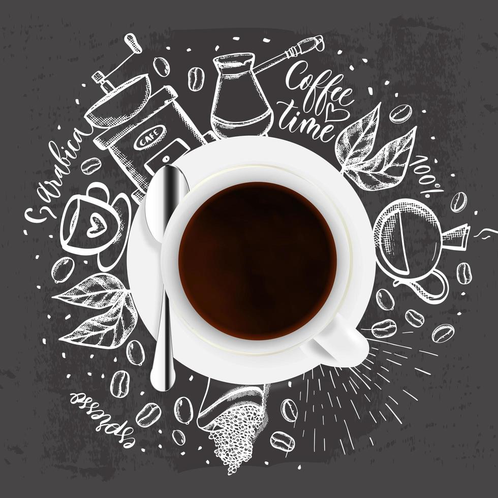 café doodle - desenho ilustração sobre a hora do café. fundo do vetor com ilustração do esboço do doodle de grãos de café, detalhes de bebidas para o menu do café.