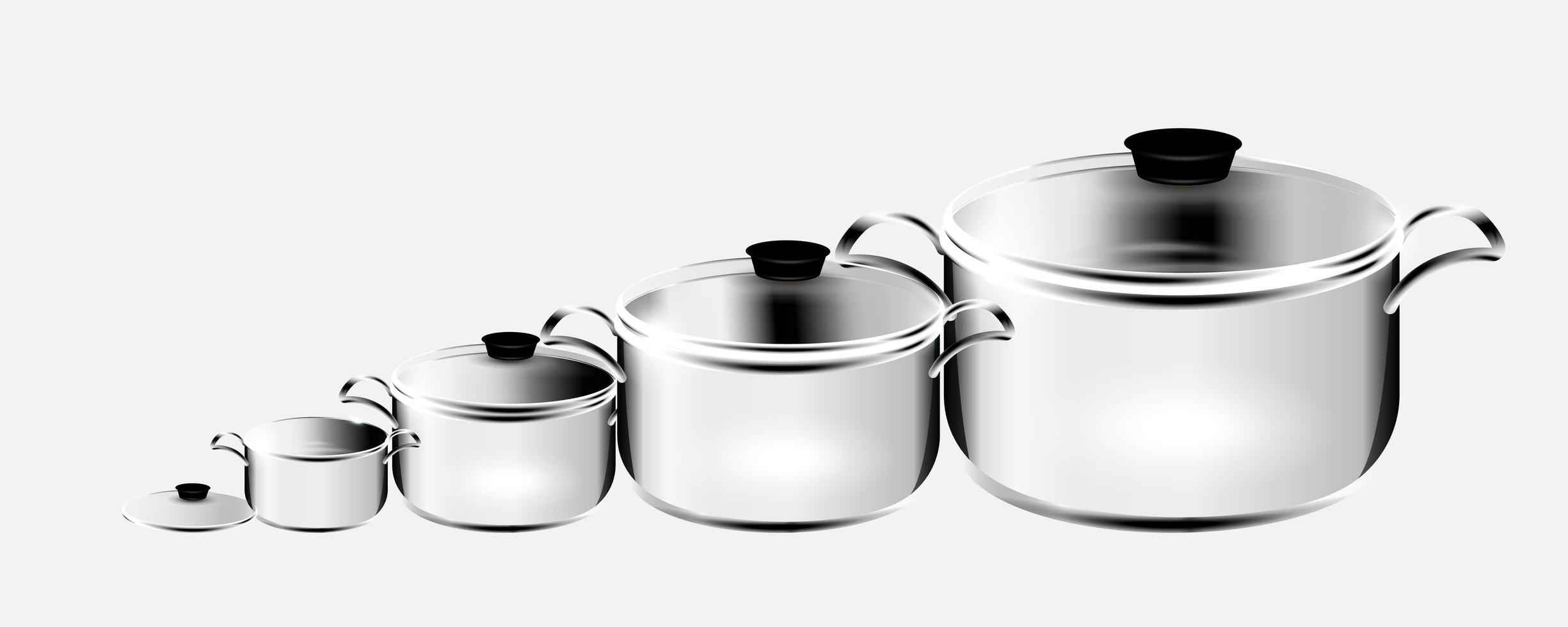 talheres realistas. Utensílios e pratos de cozinha 3D, pratos de aço. ilustração vetorial conjunto isolado de utensílios de cozinha limpos, panelas vetor