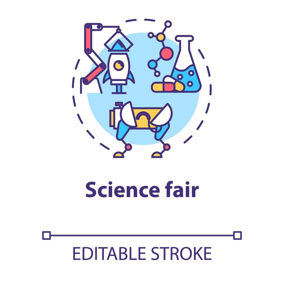 ícone do conceito de feira de ciências. desenvolvimento de tecnologia. projeto de química. robótica. ilustração de linha fina de ideia de competição de universidade. desenho de contorno isolado do vetor. curso editável vetor