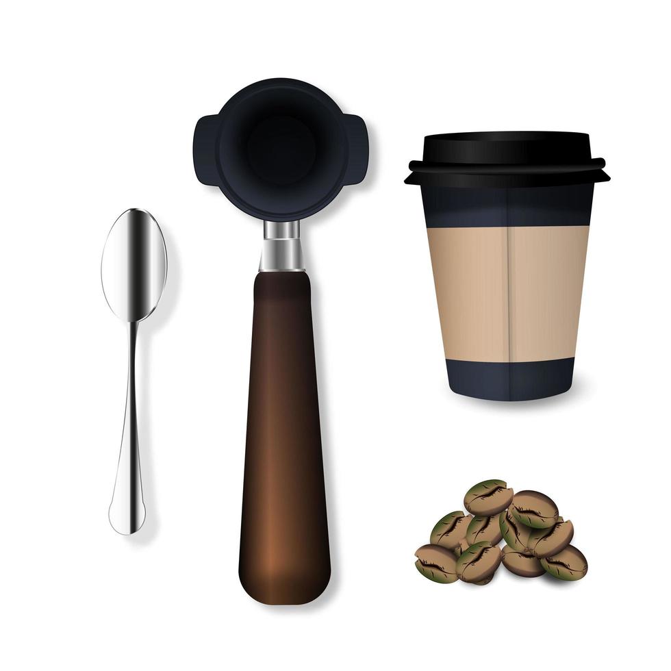 3D, conjunto de café de suporte, colher, grãos de café, copo de papel. isolado sobre o fundo branco. para registro, web design. vetor