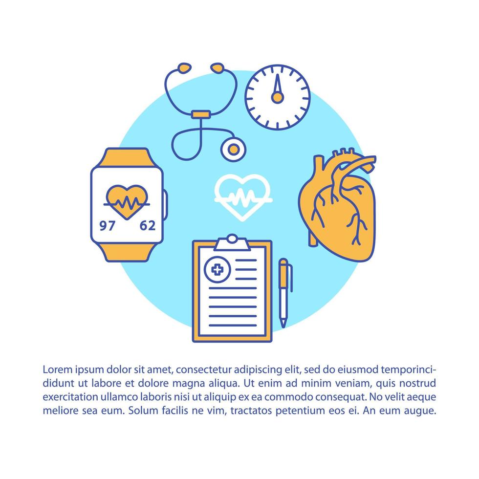 modelo de vetor de página de artigo de pressão arterial. folheto, revista, elemento de design de livreto, ícones lineares, caixa de texto. monitoramento do funcionamento do coração. design de impressão. ilustrações de conceito com espaço de texto