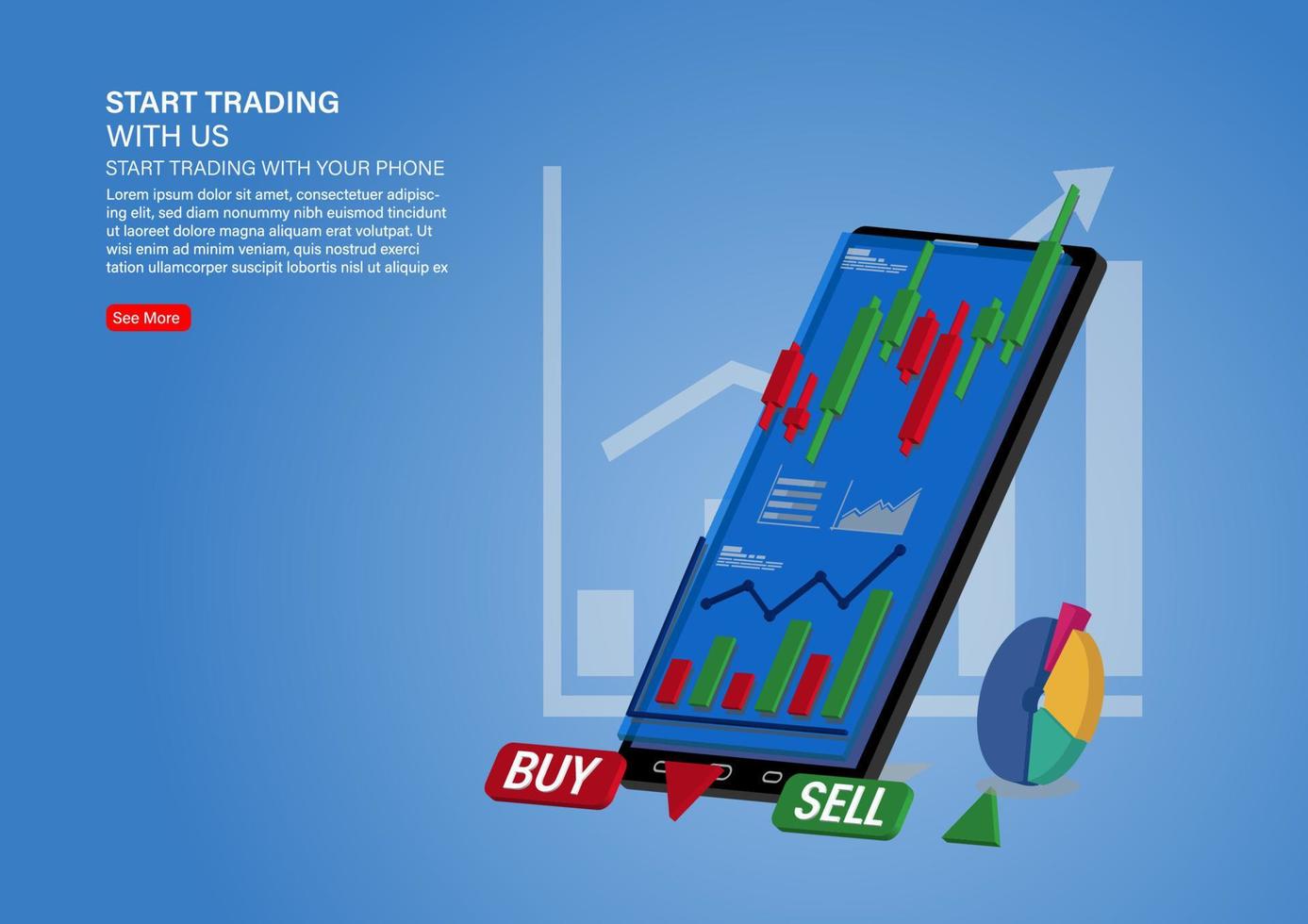 gráfico de velas de venda e compra de ações usando telefones celulares, negociação de investimento de mercado, ilustração vetorial vetor