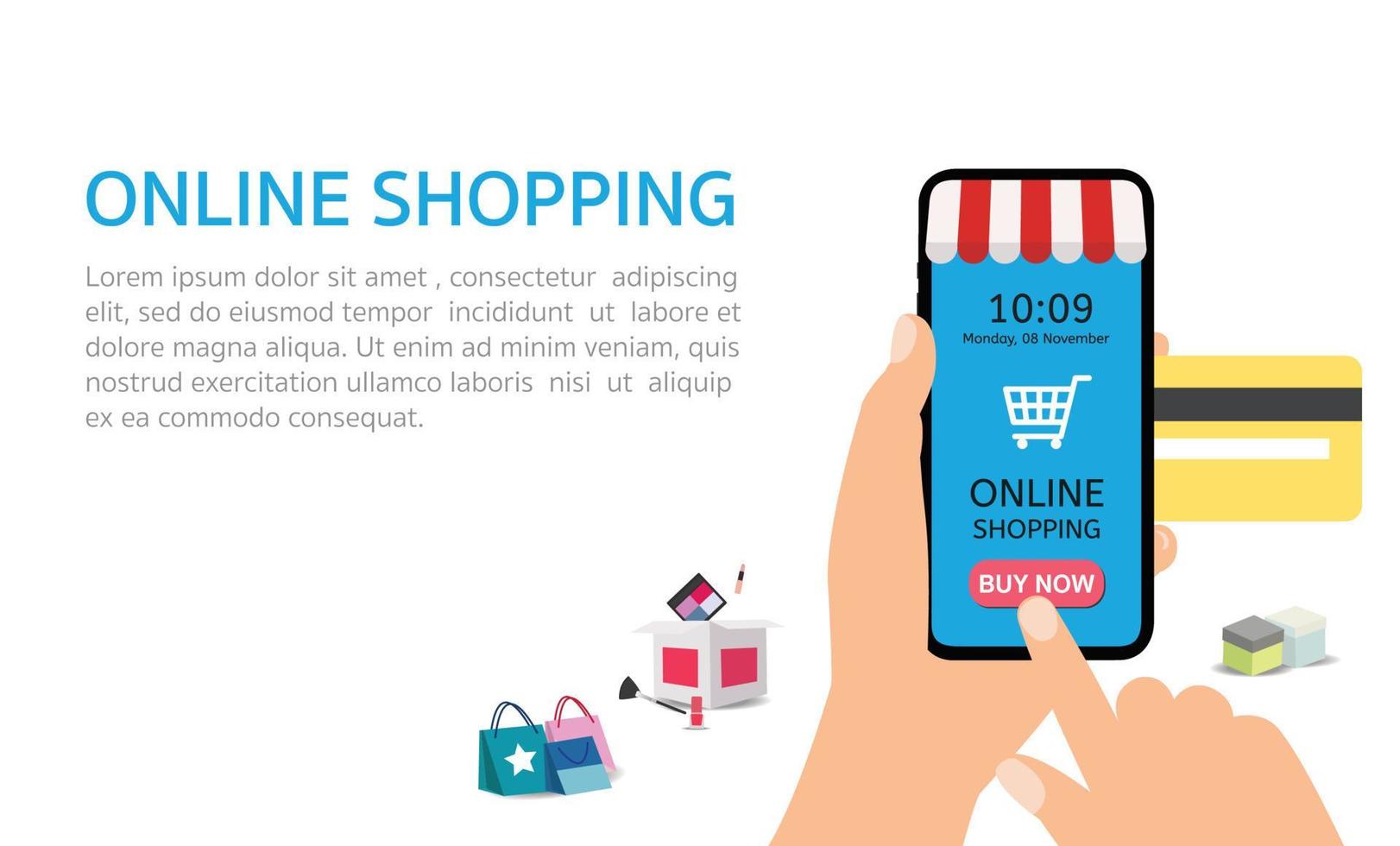 compras online no site ou marketing de conceito de vetor de aplicativo móvel e marketing digital. mão segurando o smartphone e clique no aplicativo móvel.