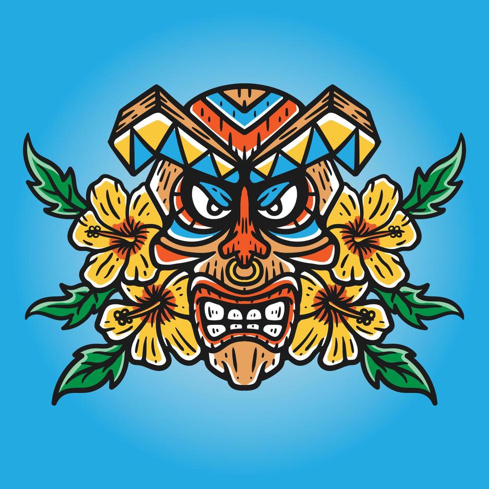 ilustração de máscara tiki em forma de crânio com flor de hibisco vetor
