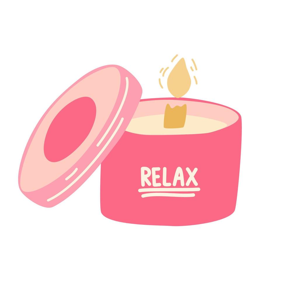 Vela perfumada. vela em vidro com a inscrição relaxe. design de casa, interior, aromaterapia, decoração de casa higiênica, conceito de luz. velas artesanais em frasco de vidro, lata. ilustração de desenho vetorial vetor