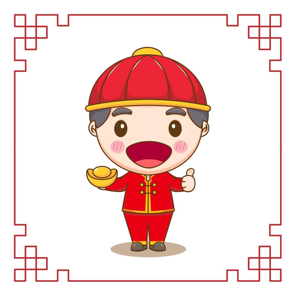 bonito menino chinês segurando o personagem de desenho animado chibi de ouro de lingote. ilustração de design plano vetor