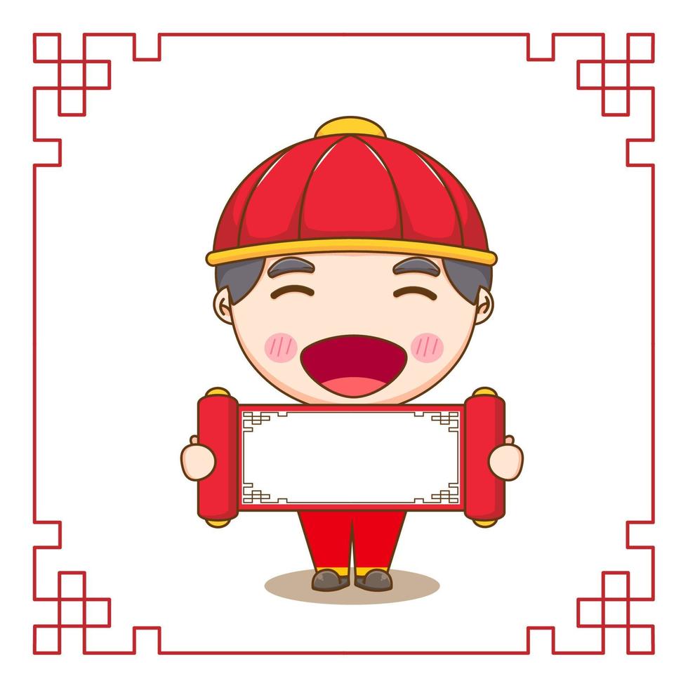 bonito menino chinês segurando o personagem de desenho animado vazio de papel chibi. ilustração de design plano vetor