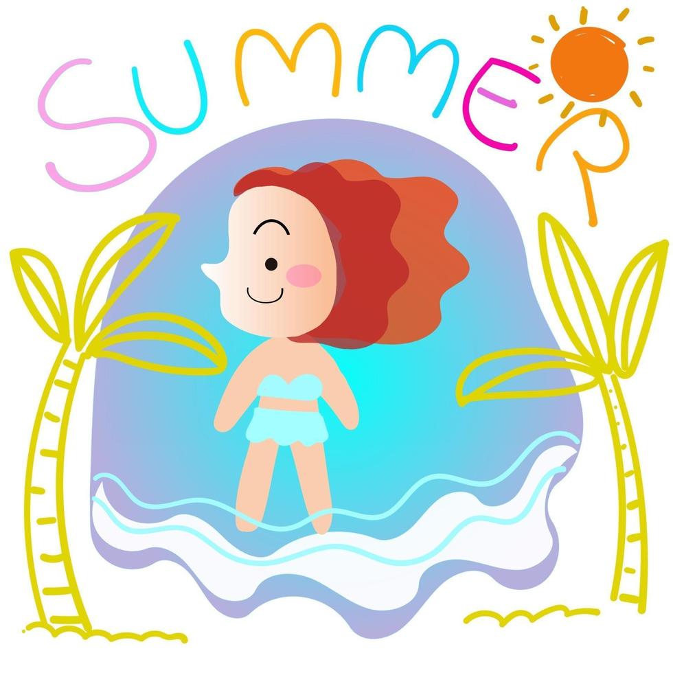 linda garota de verão de biquíni na praia para férias em um dia ensolarado com coqueiro desenhado à mão desenho vetorial poster, cartão vetor