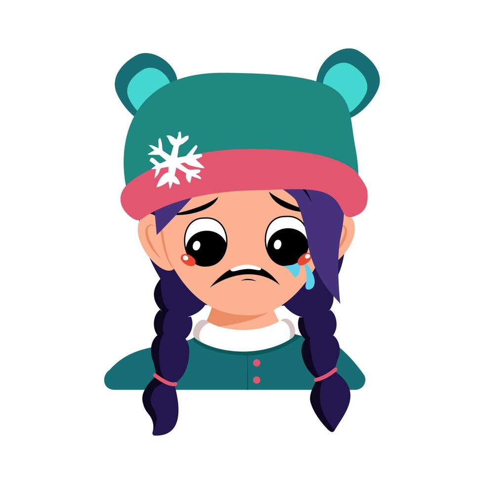 menina com emoção de choro e lágrimas, rosto triste, olhos depressivos e cabelo azul no chapéu de urso com floco de neve. criança bonita com expressão melancólica no cocar de inverno. cabeça de criança adorável com emoções vetor