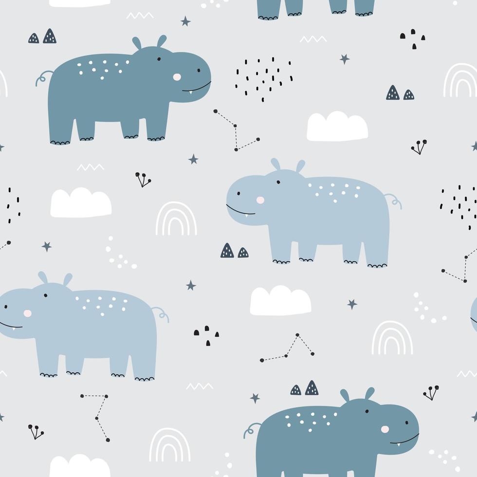Seamless pattern cartoon background com design simples de hipopótamo e céu, desenhado à mão em estilo infantil, usado para impressão, papéis de parede, decoração, ilustração vetorial de têxteis vetor
