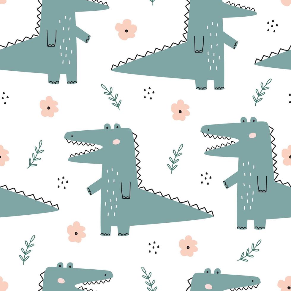 padrão sem emenda de fundo bonito dos desenhos animados com um crocodilo com flores desenhado à mão design em estilo infantil para impressão, papel de parede, tecido, ilustração vetorial de têxteis vetor