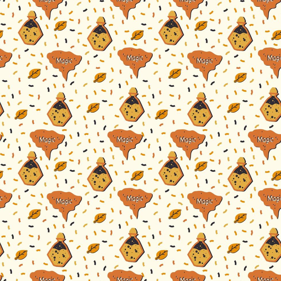 plano de fundo para uma festa de halloween com uma bolha. o padrão é uma inscrição mágica bonita em preto e laranja. fundo para doodle de têxteis infantis. ilustração vetorial vetor