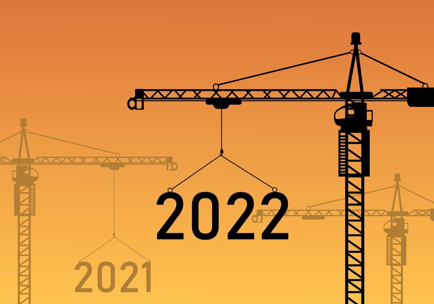 o ano de 2021 em frente para a ilustração em vetor guindaste de local de construção de feliz ano novo ano 2022 no fundo do sol. o conceito para o ano novo 2022 e visão empresarial