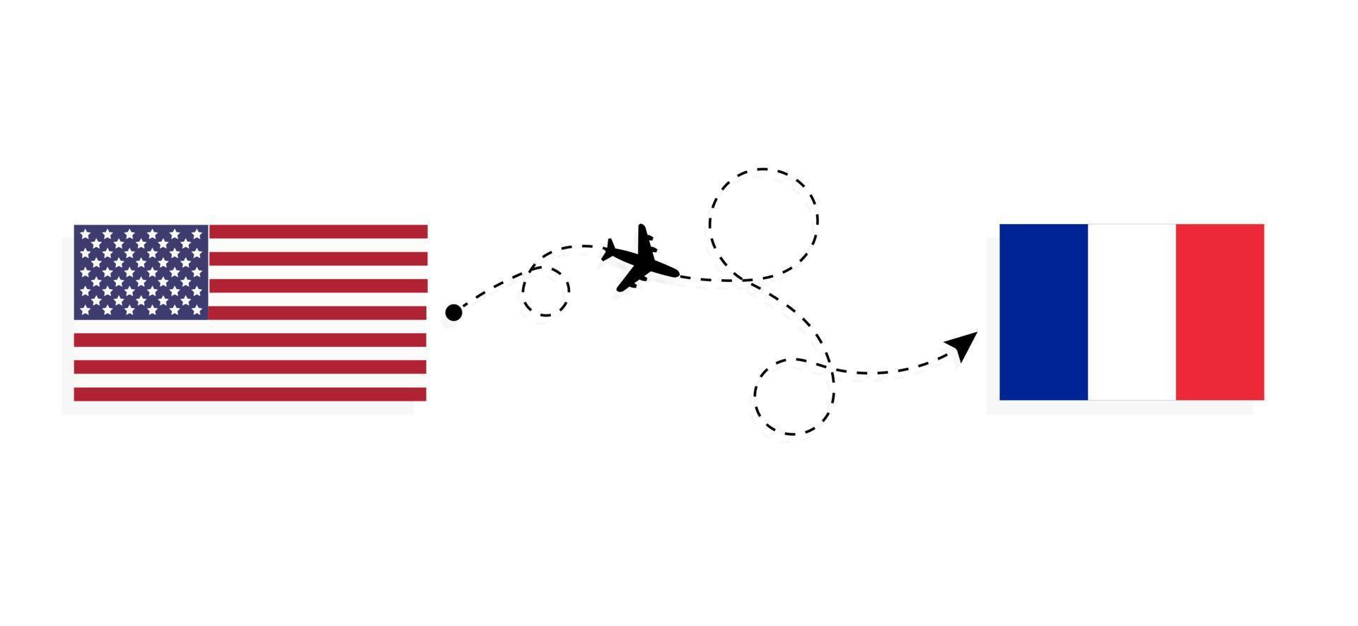 voo e viagem dos EUA para a França pelo conceito de viagem de avião de passageiros vetor