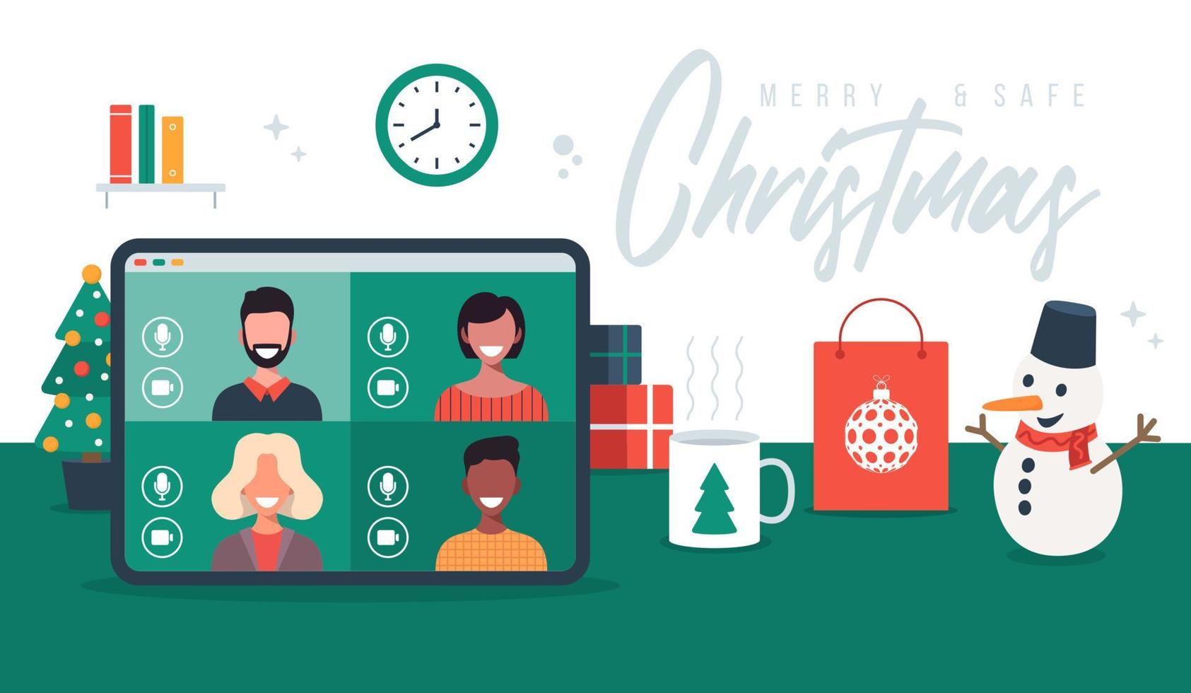 ilustração de celebração de Natal online no tablet. Feliz Natal festa novo conceito normal com conferência. um grupo de pessoas em trajes de inverno se encontra on-line por meio de videoconferência. vetor