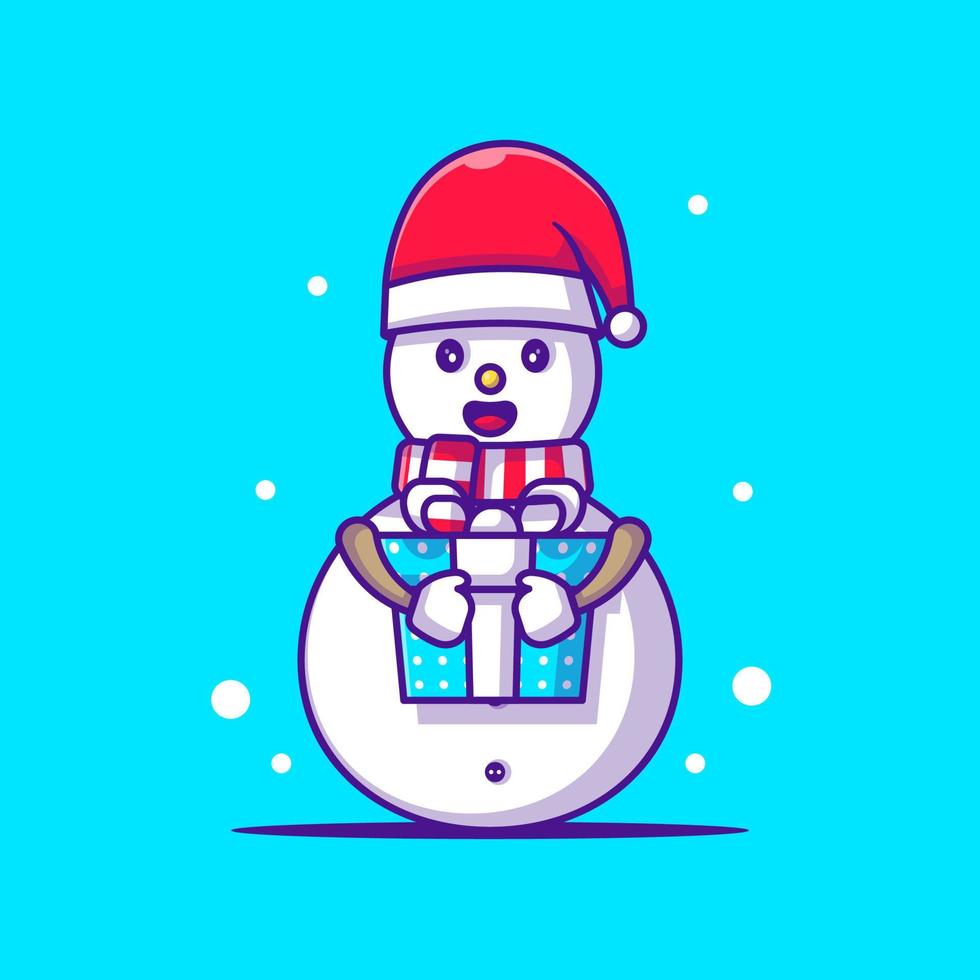 ilustração bonita do homem da neve segurando o presente de Natal. feliz Natal vetor