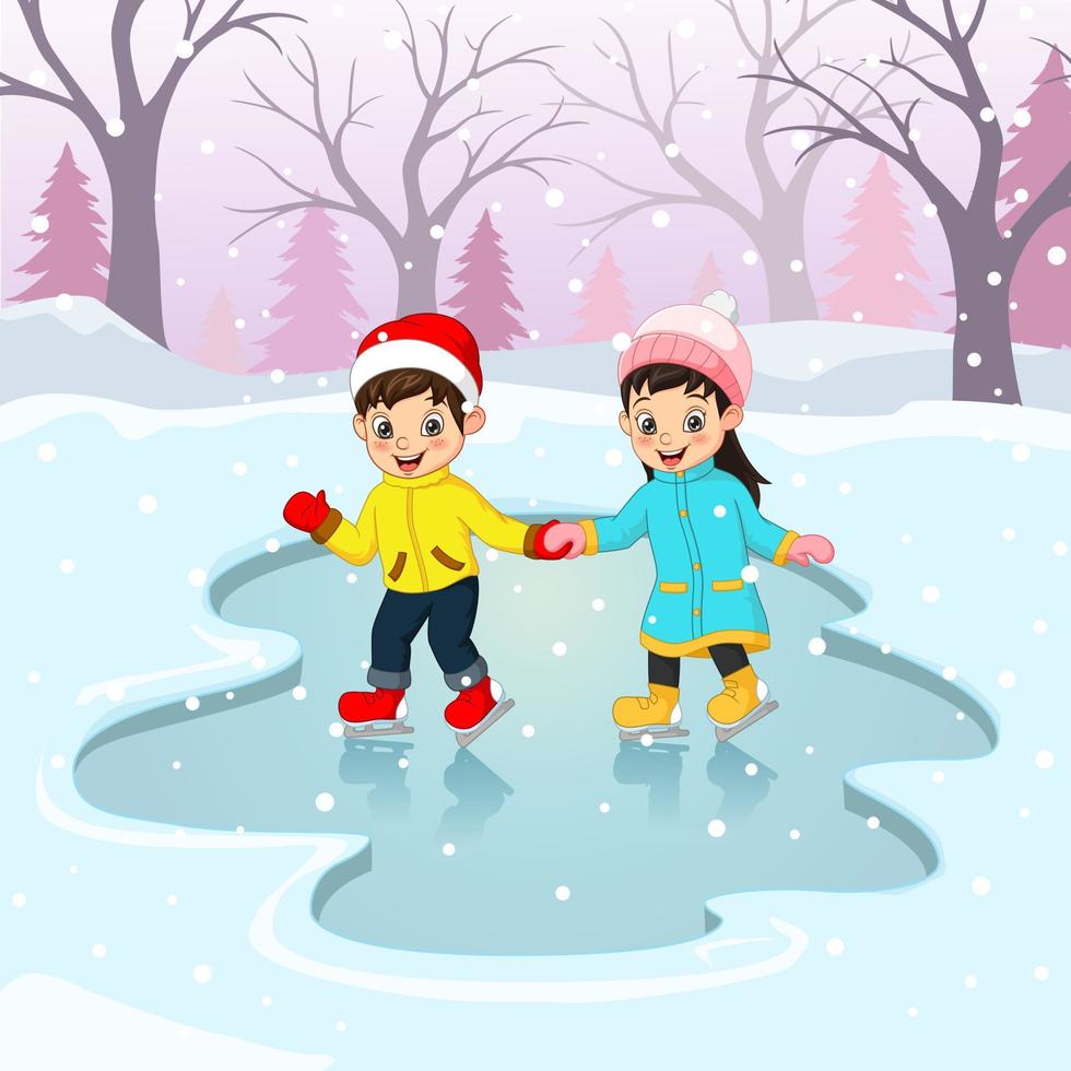 menino e menina fofos com roupas de inverno, jogando rinque de patinação no gelo vetor