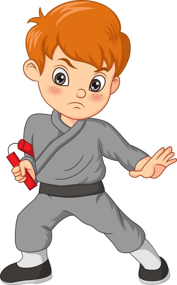 cartoon karate kid segurando nunchaku vetor
