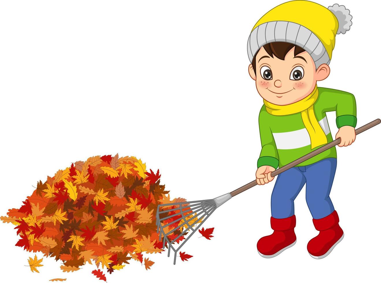 voluntário bonito menino limpando folhas de outono vetor