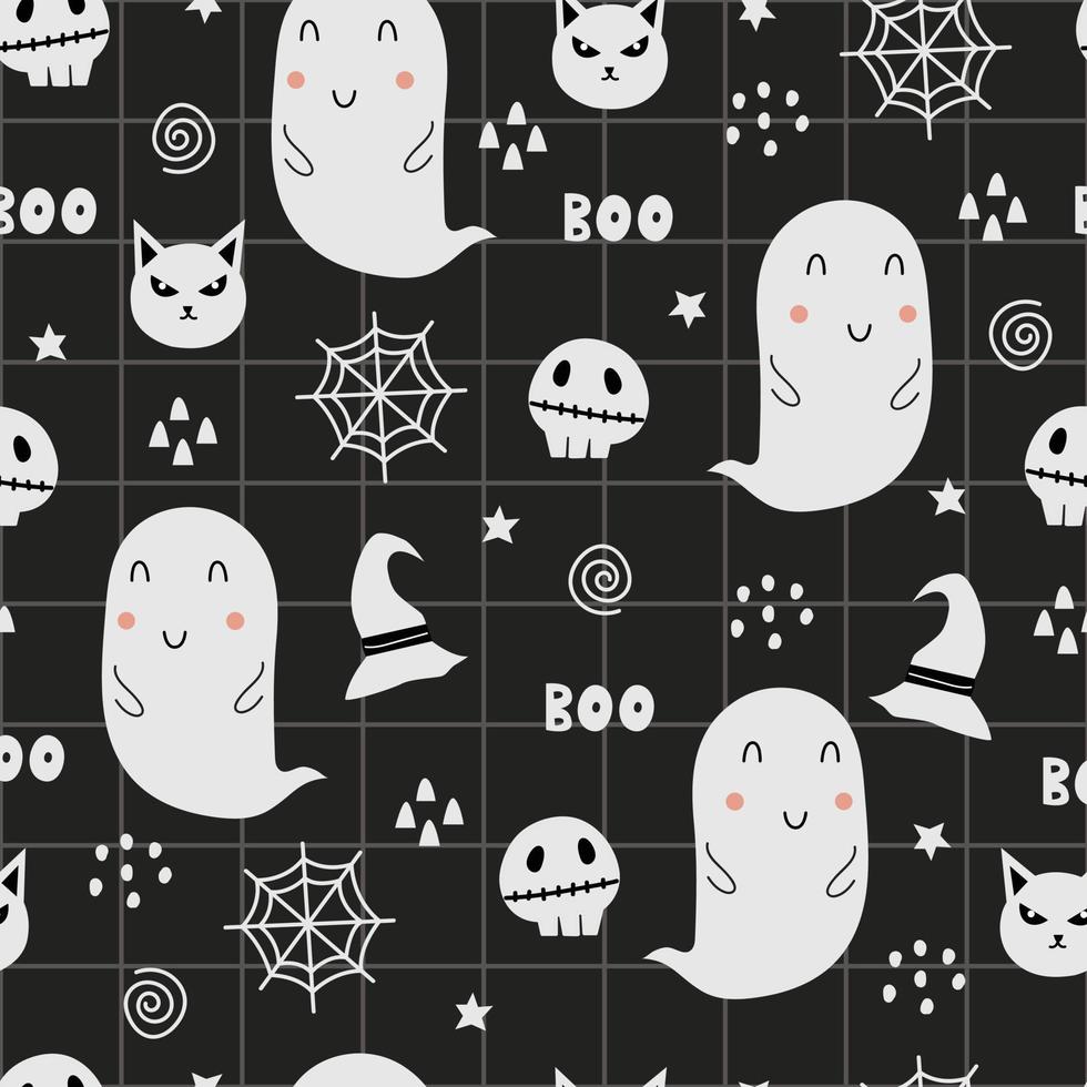 padrão de vetor sem costura projeto halloween. os símbolos do halloween têm fantasmas, chapéus de bruxa, aranhas. desenho animado estilo mão desenhada design, usado para impressões, papel de parede, decorações, têxteis. ilustração vetorial