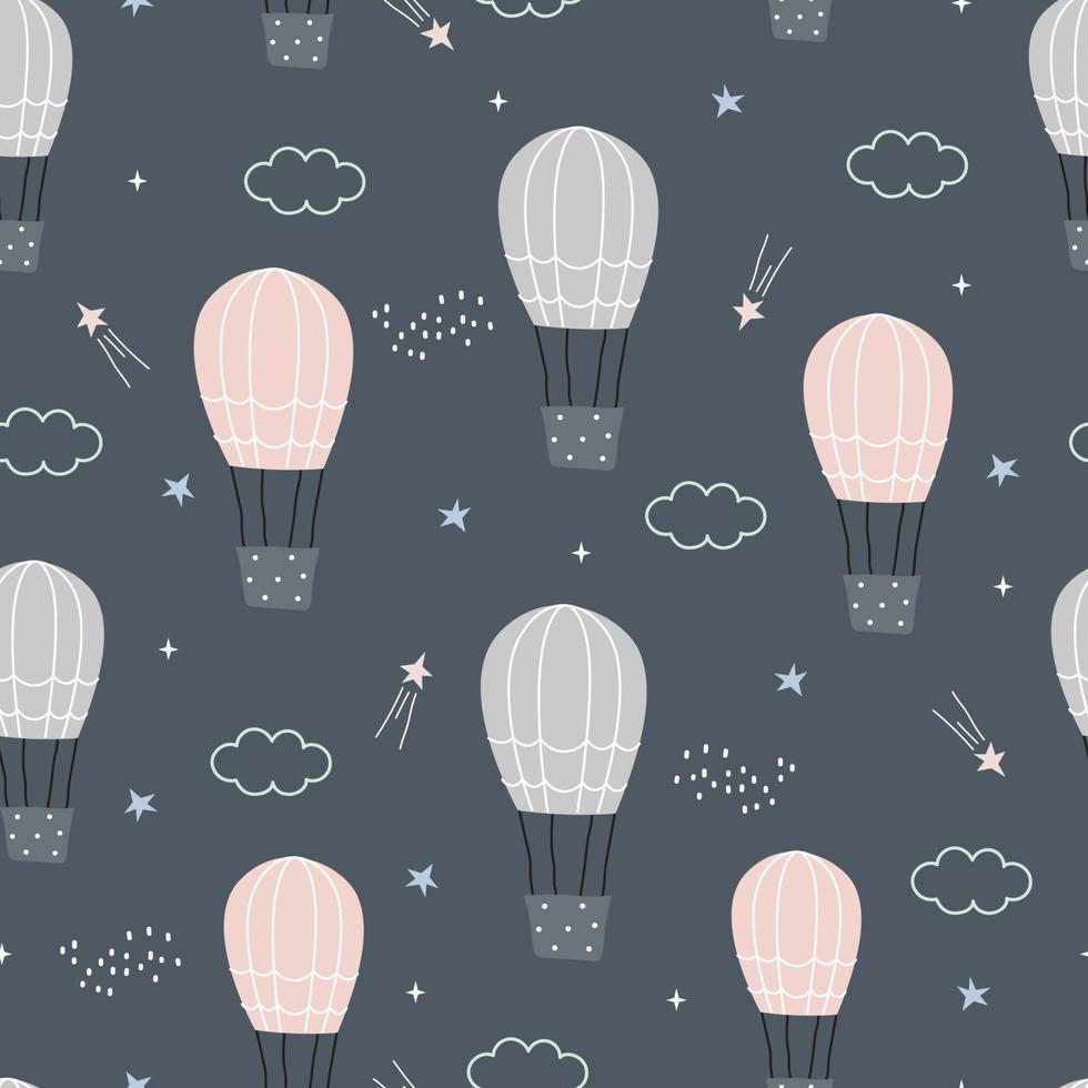 Seamless pattern background cartoon um balão flutuando no céu noturno com nuvens e estrelas. mão desenhada design em estilo infantil, uso para impressão, papel de parede, decoração, têxteis, roupas de bebê. vetor