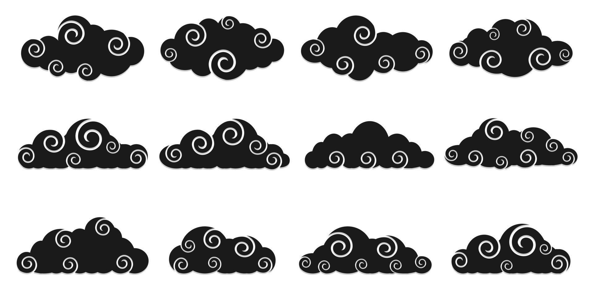 nuvens chinesas pretas, formas diferentes, conjunto de ícones de nuvem, estilo de corte vetor