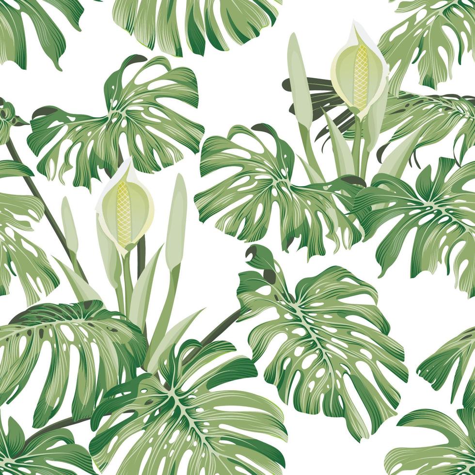 folhas e flores de monstera. sem costura padrão tropical com flores e folhas exóticas. padrão brilhante e de verão com monstera em fundo branco. padrão botânico exótico. ilustração em vetor de estoque.