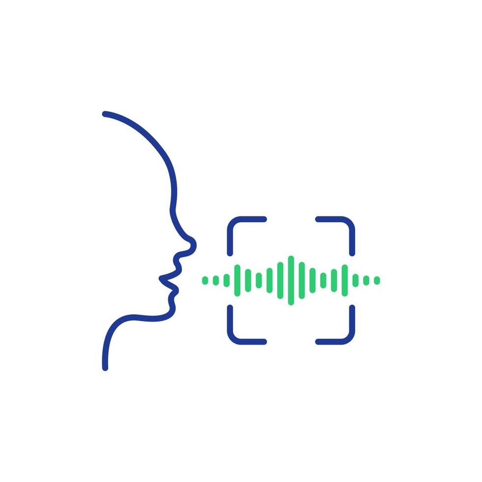 ícone de linha de reconhecimento de voz e fala. digitalize o ícone de comando de voz com onda sonora. controle de voz. falar ou falar ícone da linha de reconhecimento e identificação. cabeça humana e onda sonora. ilustração vetorial vetor