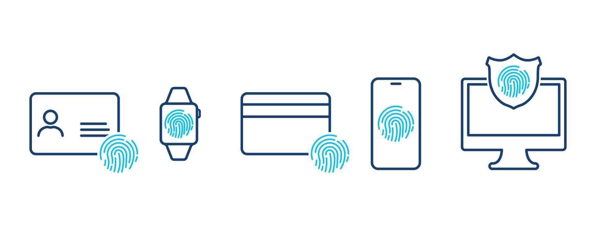 dados e dispositivos pessoais de segurança. impressão digital, identificação e cartão de crédito, relógio inteligente, smartphone, ícones de linha de computador. digitalizar impressão digital para acesso a dados pessoais. ícones de linha de vetor