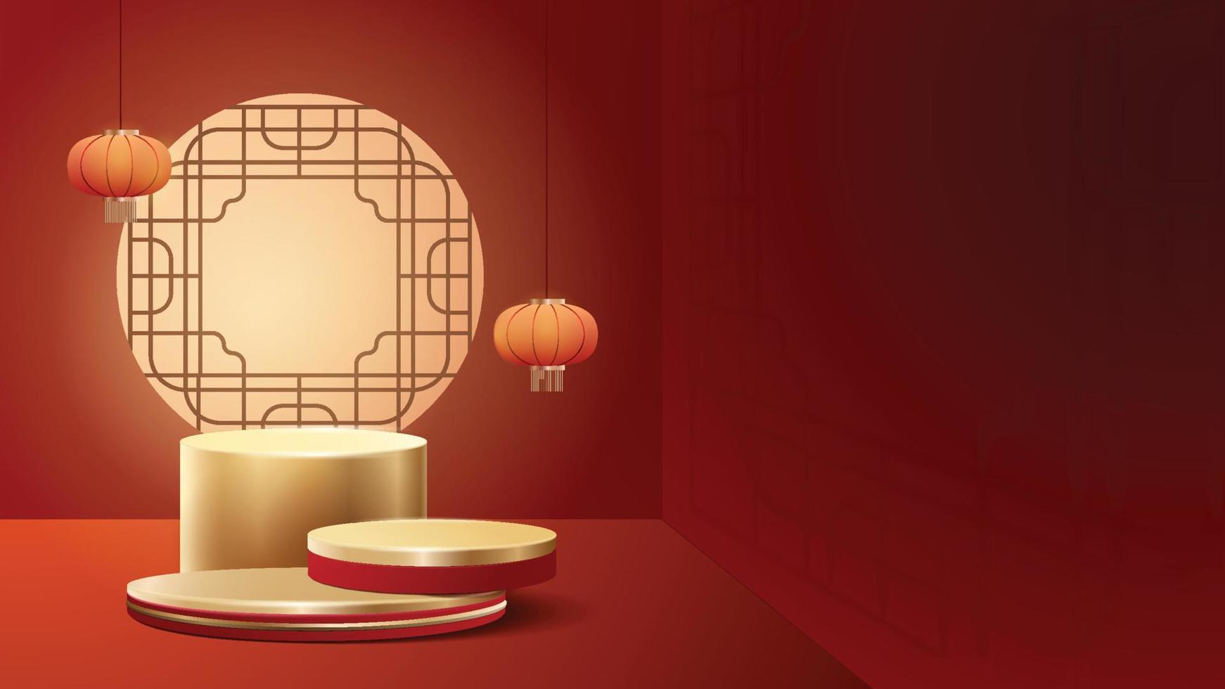cena simulada mínima abstrata. pódio para mostrar a exibição do produto. pedestal de palco ou plataforma. fundo vermelho e dourado do ano novo chinês. Vetor 3d