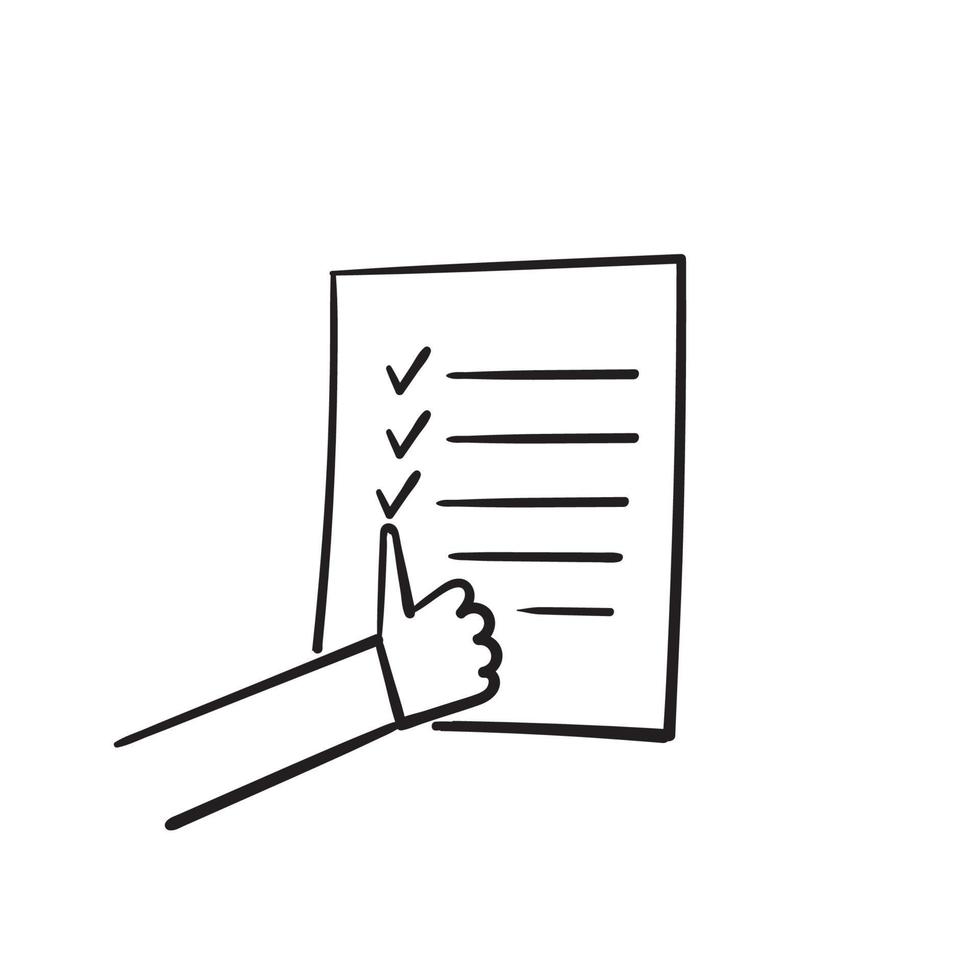 documento de lista de verificação de doodle desenhado à mão e ícone de ilustração de polegar para cima vetor