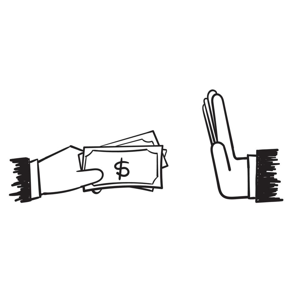 mão desenhada doodle mão oferece símbolo de dinheiro para parar a corrupção ilustração em vetor conceito anti-suborno