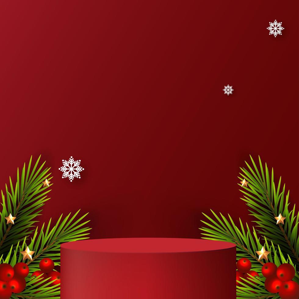 Feliz Natal é a forma de pódio de geometria para exibição de produtos cosméticos. pedestal de palco ou plataforma. inverno Natal fundo vermelho com árvore de Natal para produto de promoção. desenho vetorial vetor