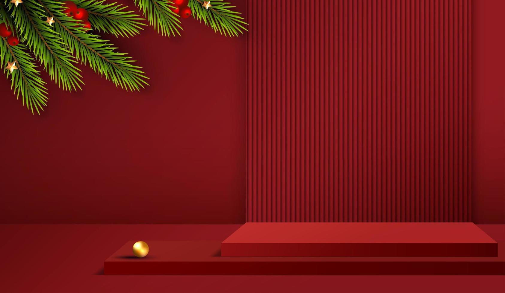 Feliz Natal é a forma de pódio de geometria para exibição de produtos cosméticos. pedestal de palco ou plataforma. inverno Natal fundo vermelho com árvore de Natal para produto de promoção. desenho vetorial vetor