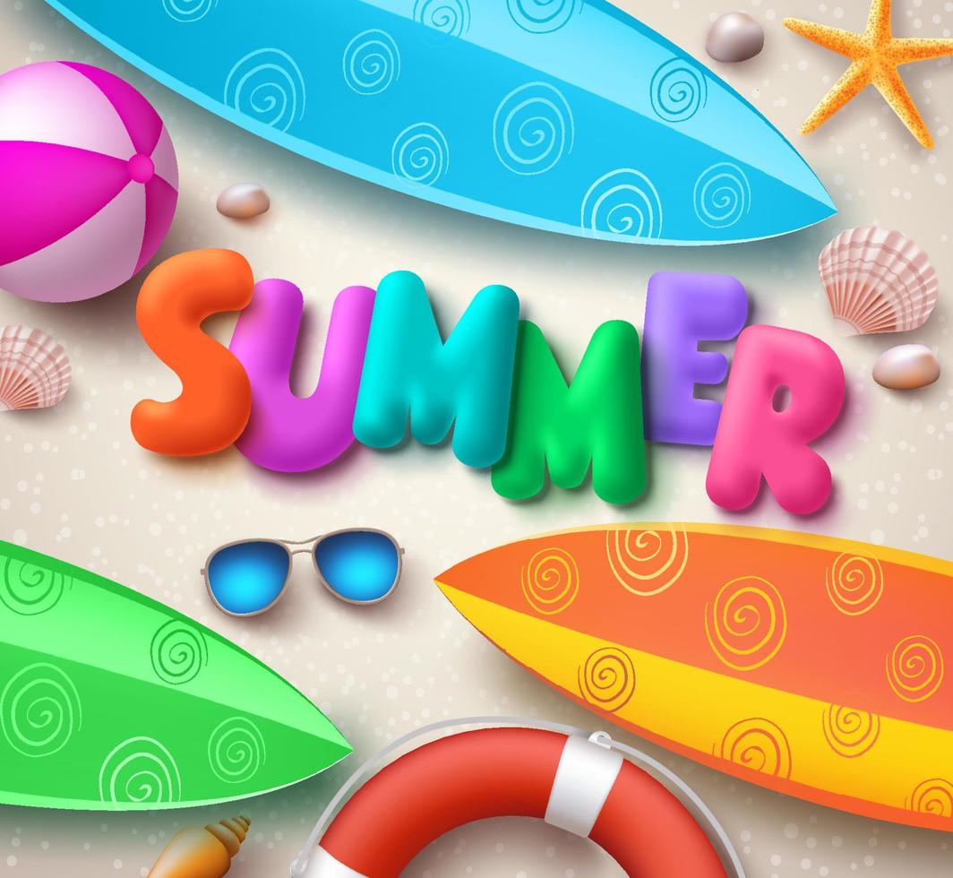 de fundo vector verão férias na praia com texto colorido de verão, pranchas de surf e elementos na areia para a temporada tropical.
