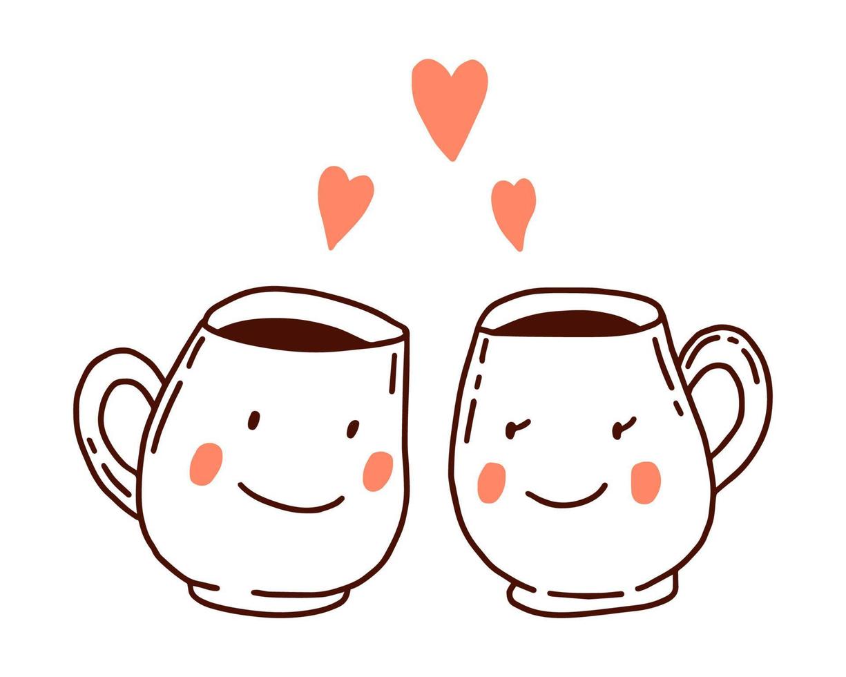 duas xícaras de amantes fofos com rostos em estilo doodle isolado em um fundo branco. cartão de dia dos namorados. canecas com corações. vetor