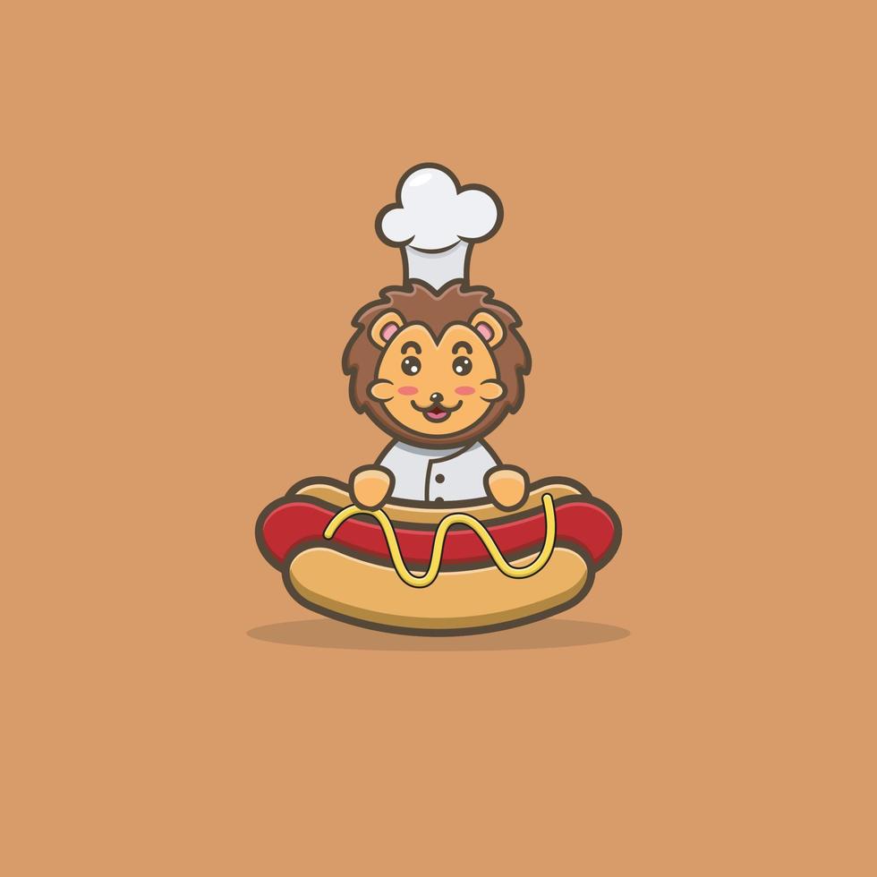 leão bebê fofo com chef no cachorro-quente. personagem, mascote, ícone, logotipo, desenho animado e design bonito. vetor