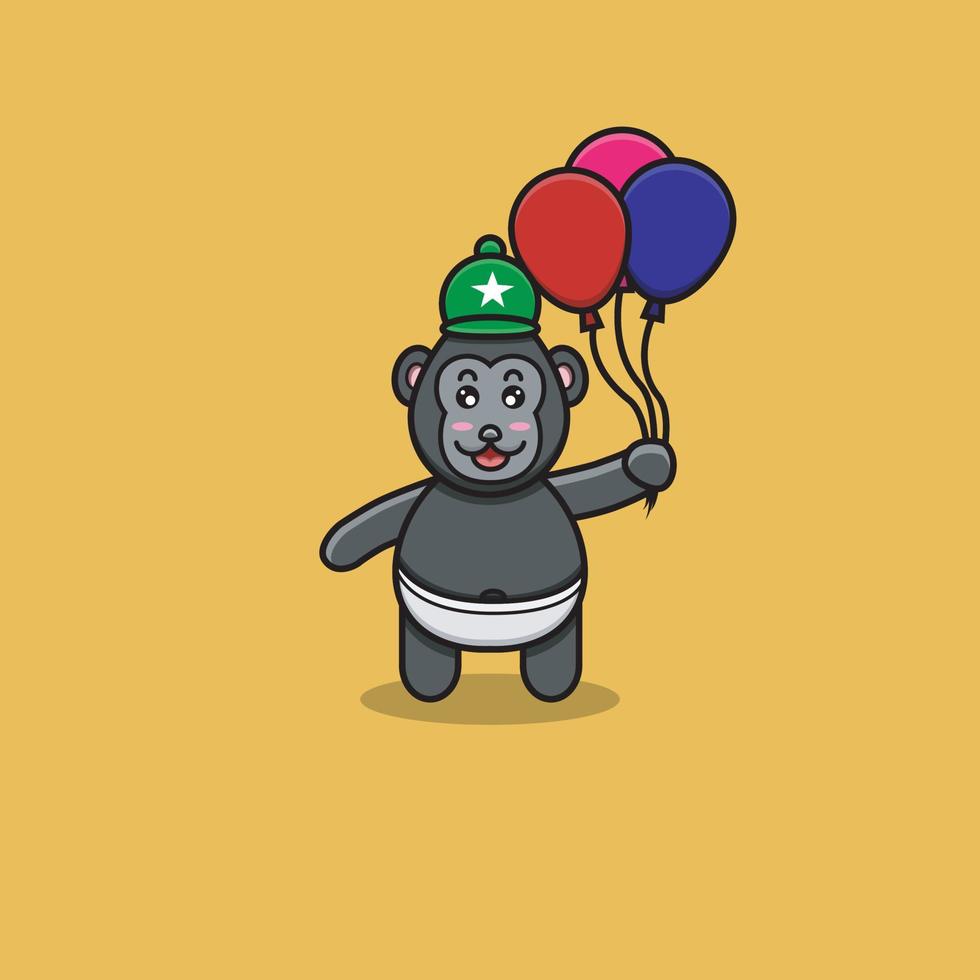 gorila bebê fofo trazer balões. personagem, mascote, ícone, logotipo, desenho animado e design bonito. vetor