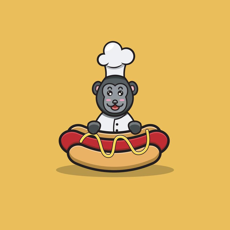 chef de gorila bebê fofo no cachorro-quente. personagem, mascote, ícone, logotipo, desenho animado e design bonito. vetor