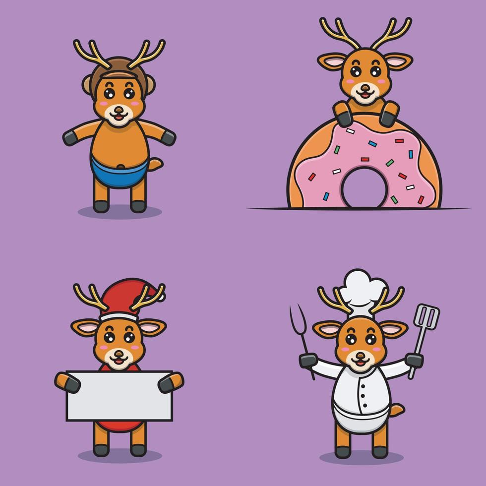 conjunto de personagem de veado bebê fofo com várias poses. usando capacete, em donuts, natal e chef. vetor