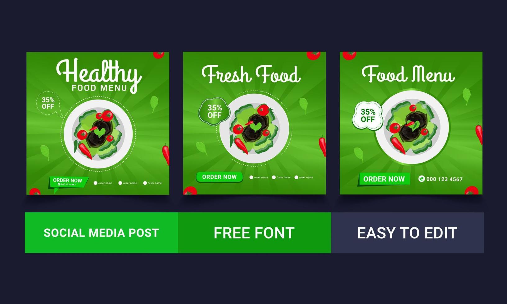 conjunto de design de modelo de banner quadrado editável para alimentos. adequado para mídia social pós-restaurante e promoção digital culinária. vetor de forma de cor de fundo preto e verde.