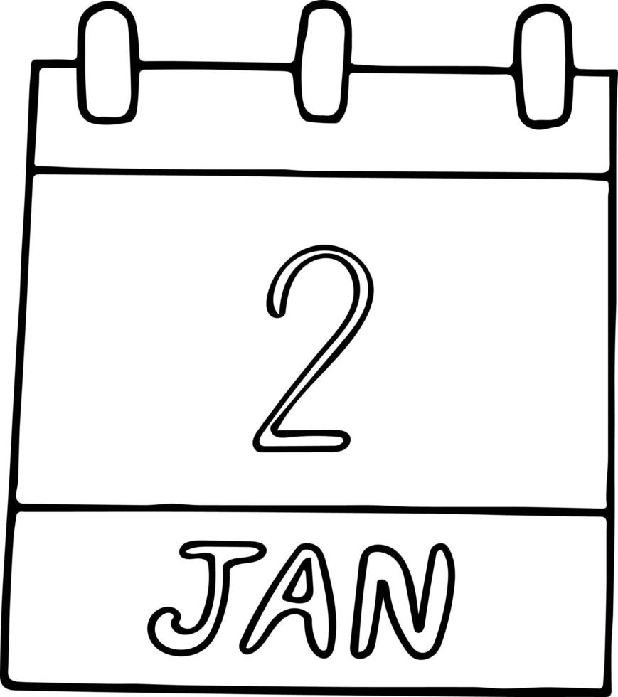 mão de calendário desenhada em estilo doodle. 2 de janeiro, dia da ficção científica, data. ícone, elemento de etiqueta para design. planejamento, férias de negócios vetor