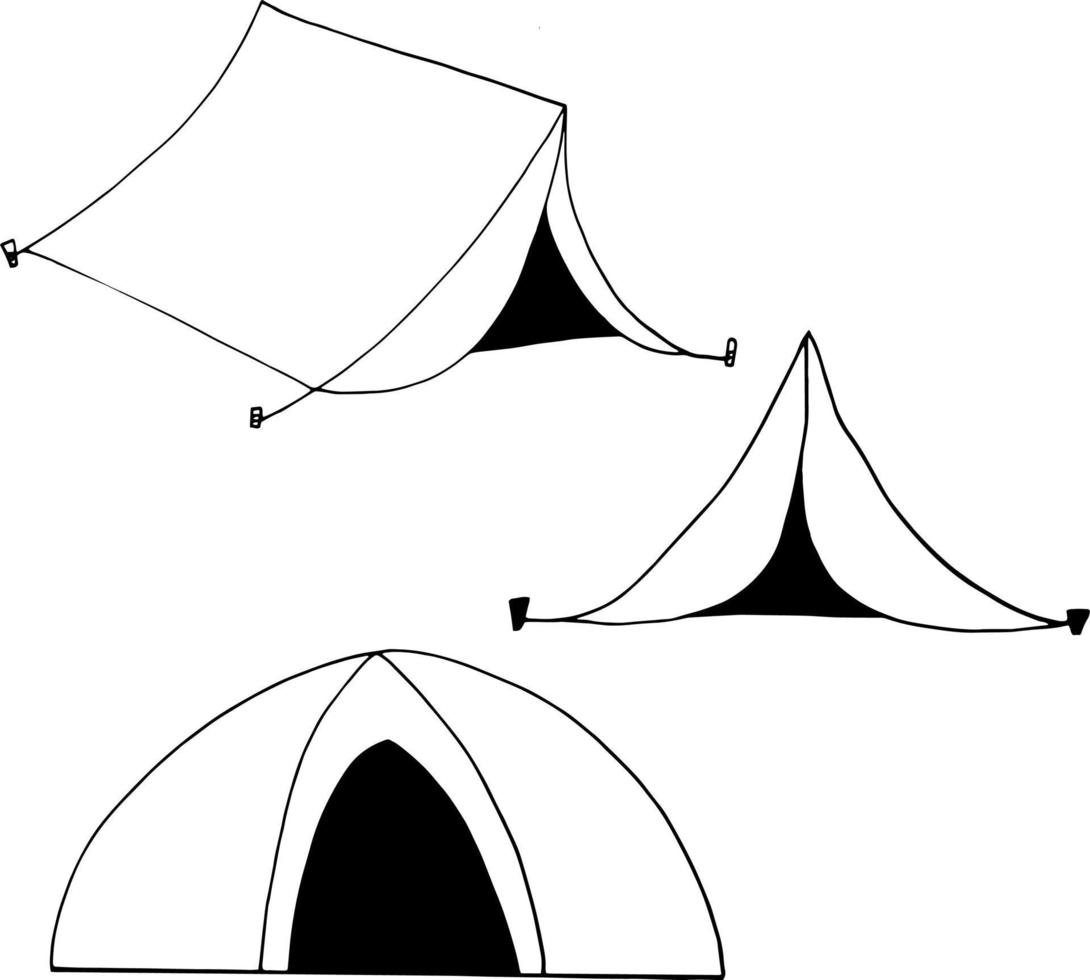 ícone do conjunto de tenda. doodle desenhado de mão. , acampamento monocromático de minimalismo nórdico, escandinavo vetor