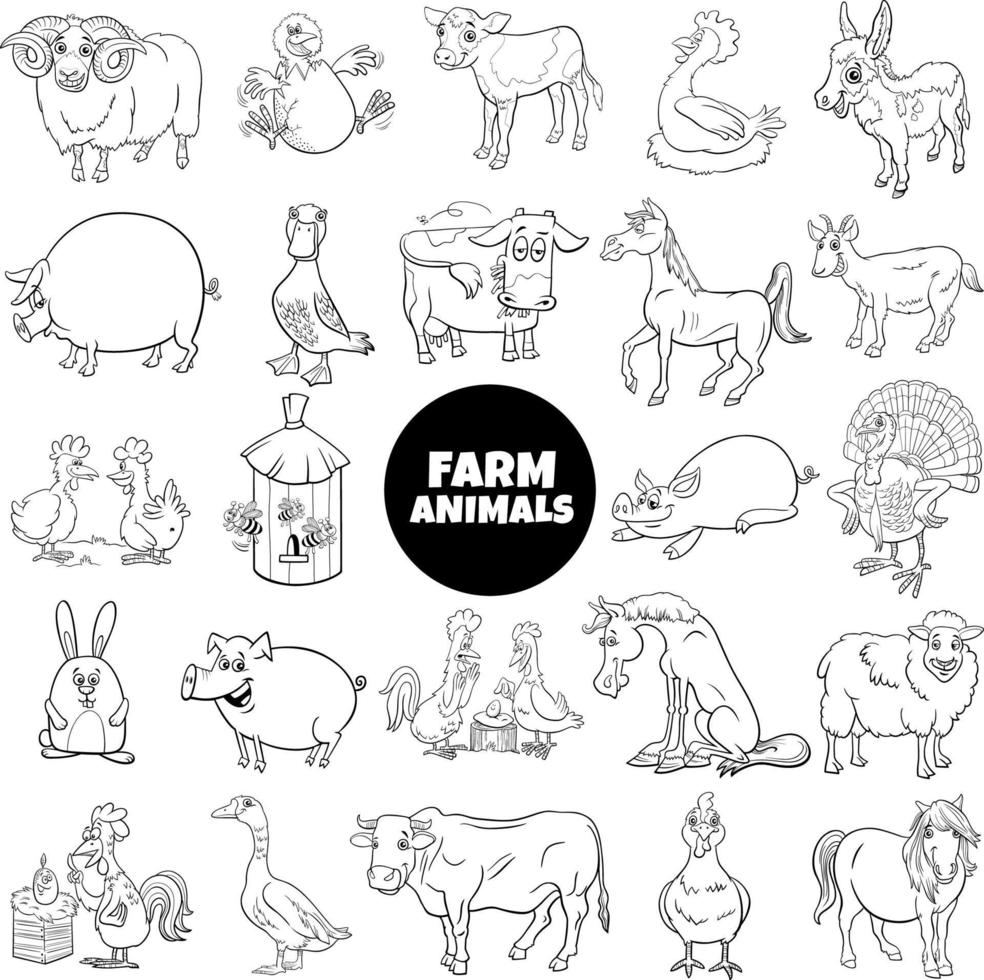 personagens de animais de fazenda em desenho animado para colorir página de livro vetor