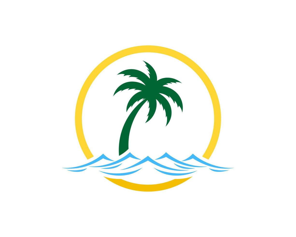 forma de círculo com onda de praia e palmeira vetor