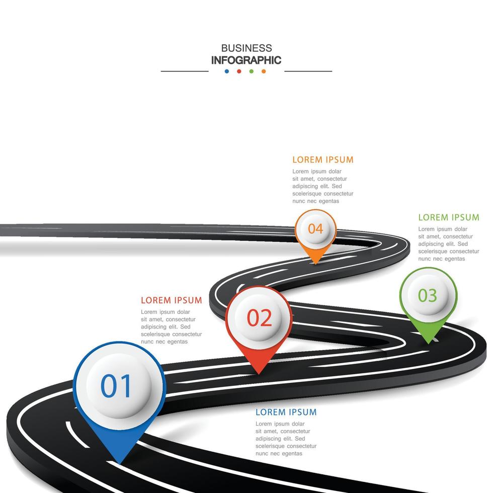 infográfico de estrada de vetor com ponteiro de pino. modelo de linha do tempo com 4 marcadores em uma linha de estrada curva.