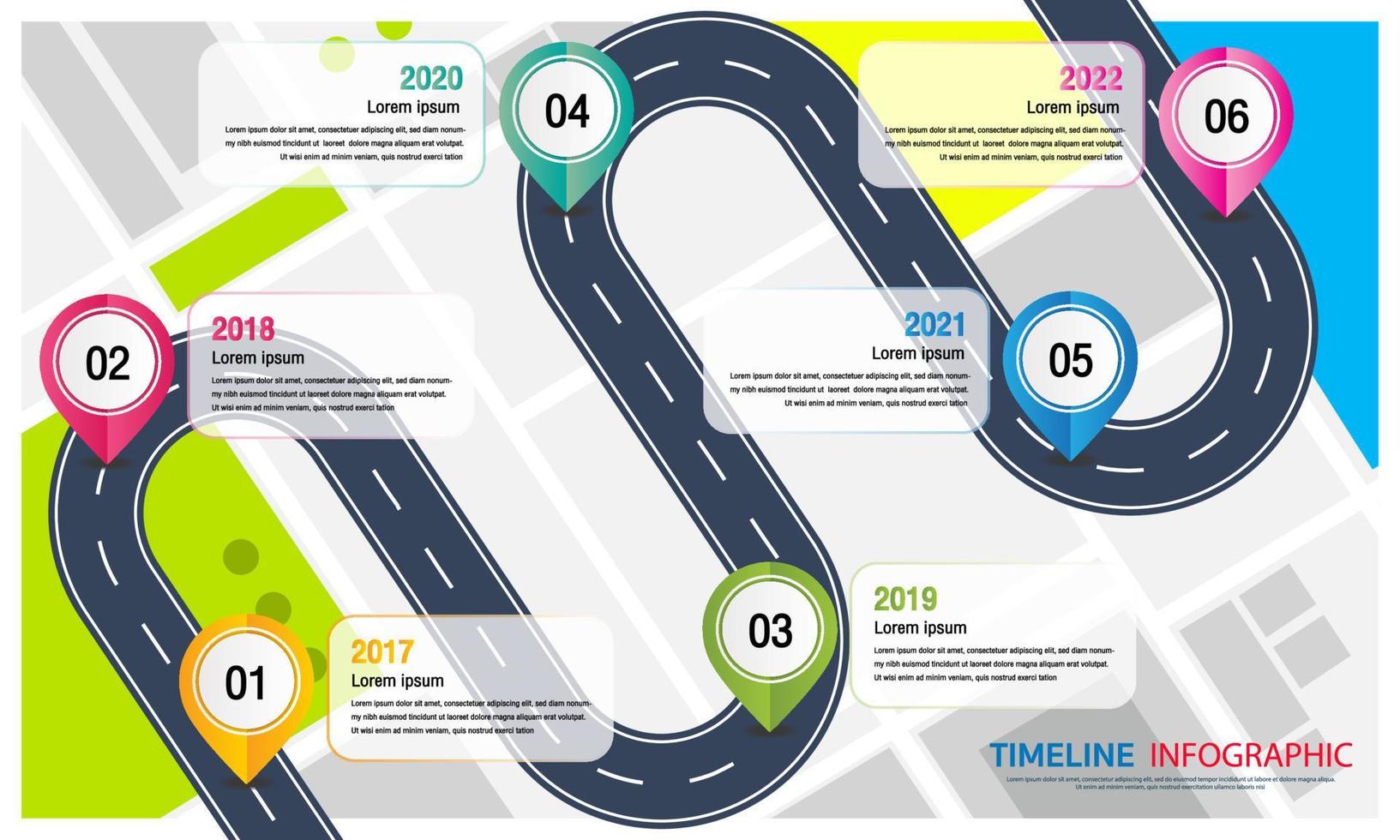 infográficos da estrada. roteiro para o sucesso com pin pointers.road map timeline infographic.timeline infográfico 6 marco como uma estrada. vetor